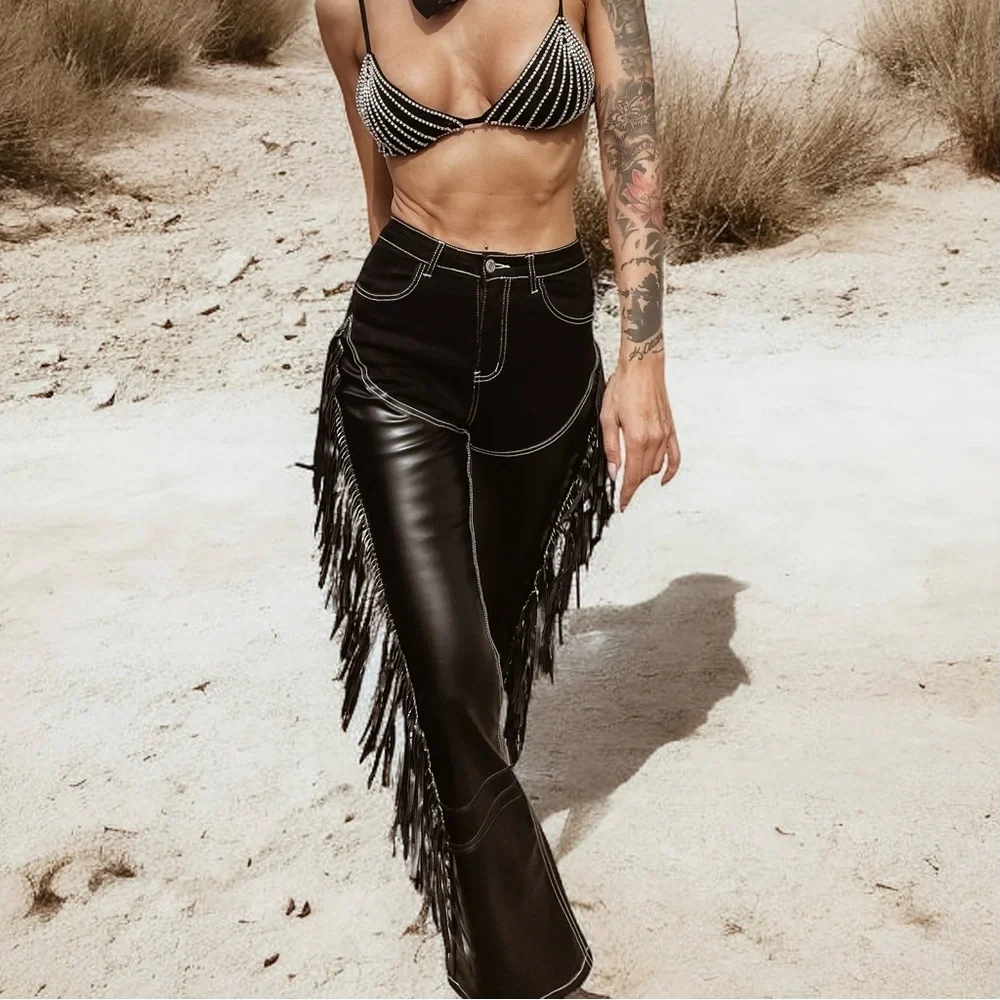 Western cowgirl chaps jeans, fringe denim, festival fringe pants - Picture 10 of 11